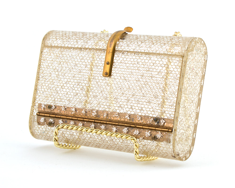1950s Wilardy Glitter & Gold Honeycomb Clear Lucite Clutch