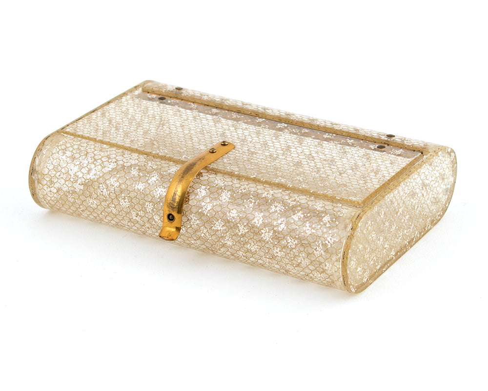 1950s Wilardy Glitter & Gold Honeycomb Clear Lucite Clutch