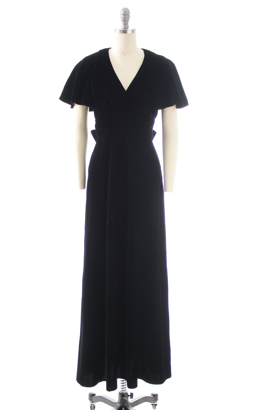 1970s does 1930s Black Velvet Flutter Sleeve Maxi Dress
