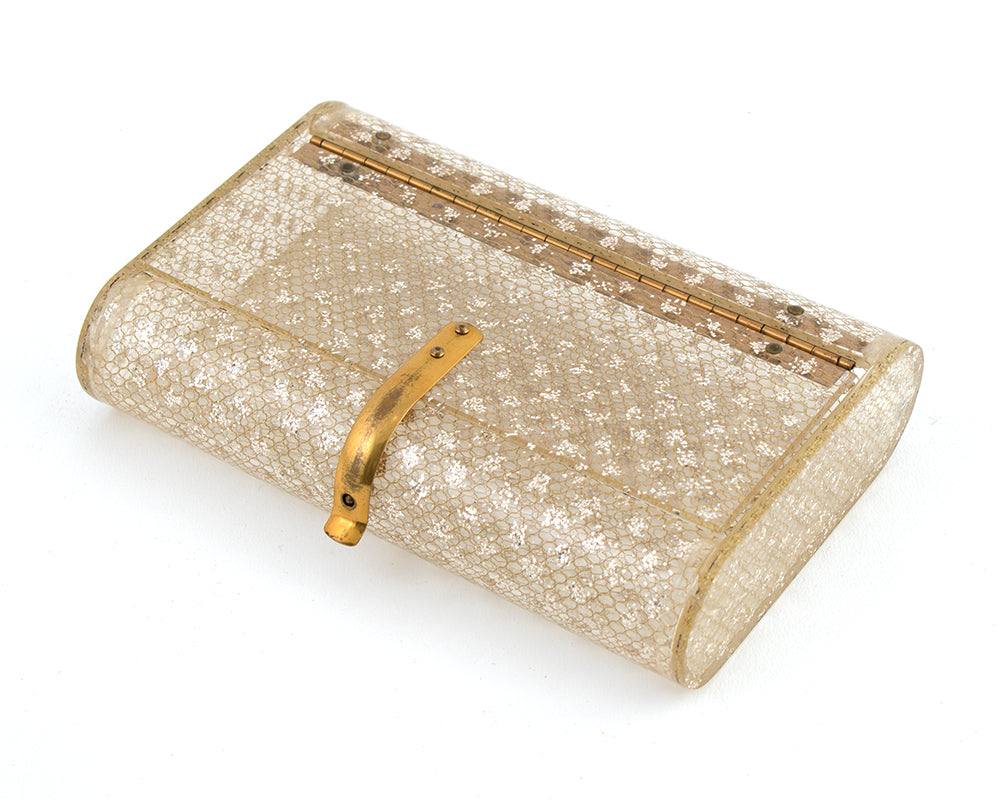 1950s Wilardy Glitter & Gold Honeycomb Clear Lucite Clutch