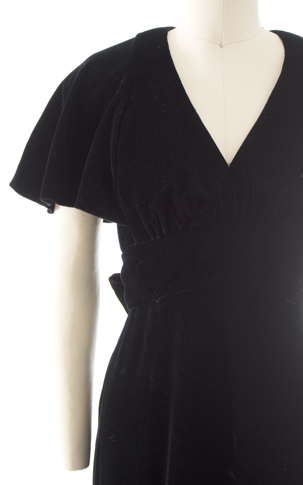 1970s does 1930s Black Velvet Flutter Sleeve Maxi Dress