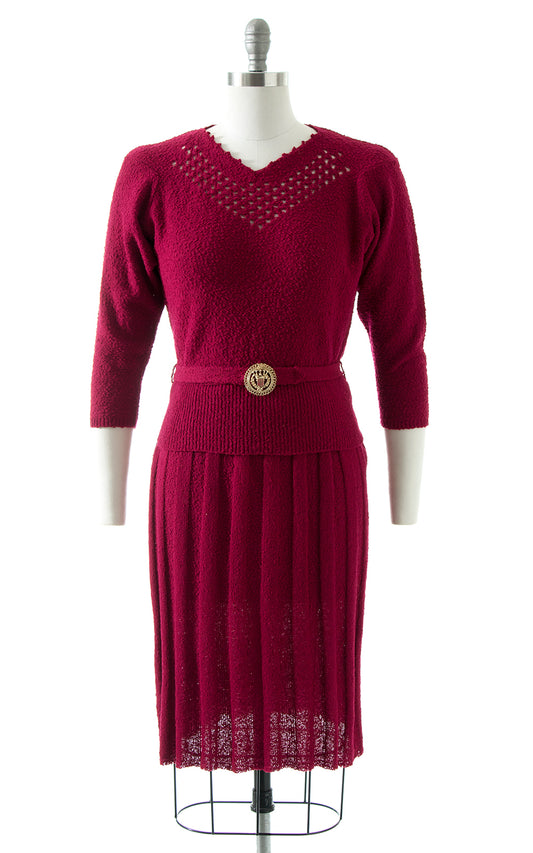 1950s Cranberry Knit Wool Sweater 3-Piece Set