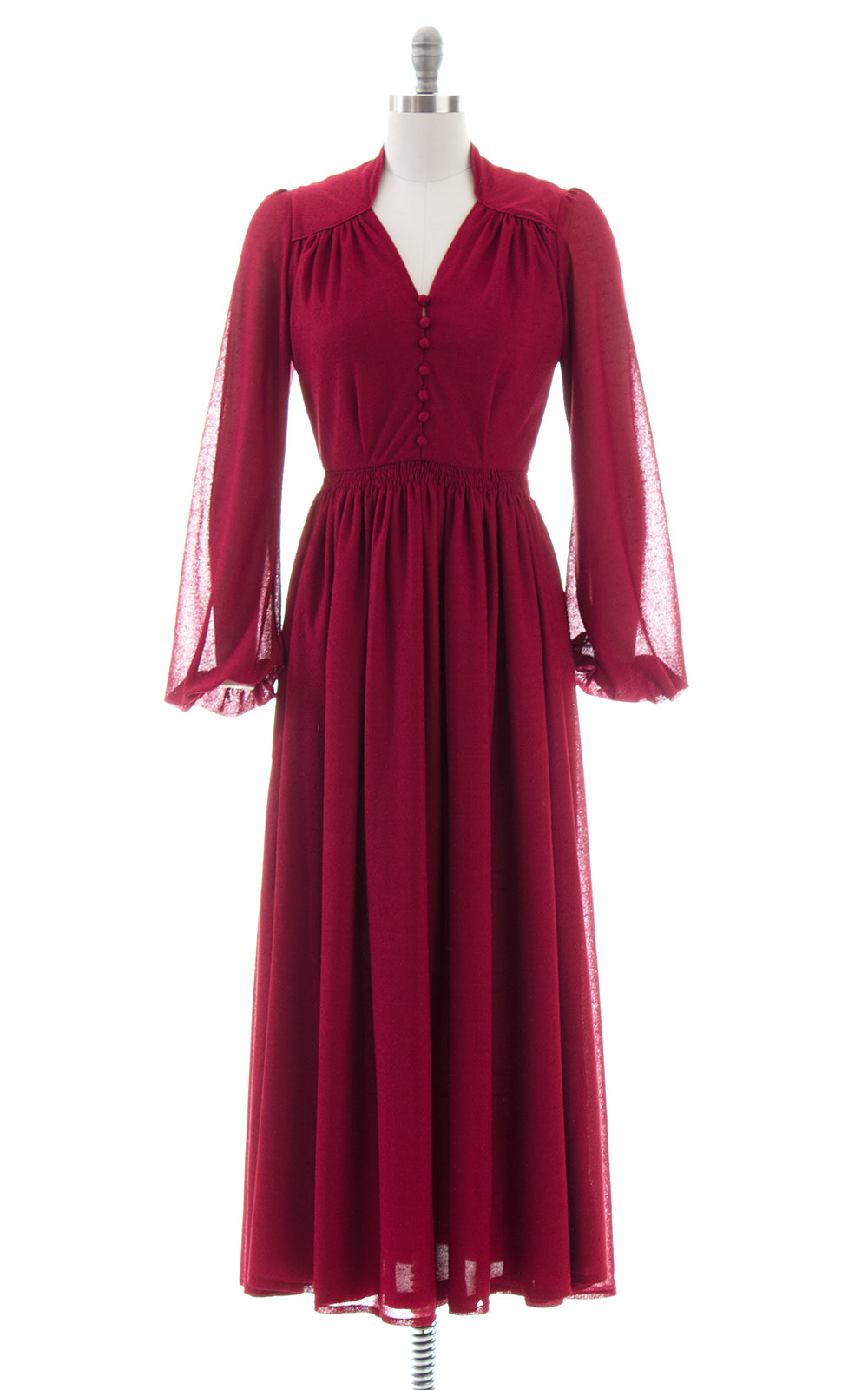 1970s Merlot Bishop Sleeve Maxi Dress