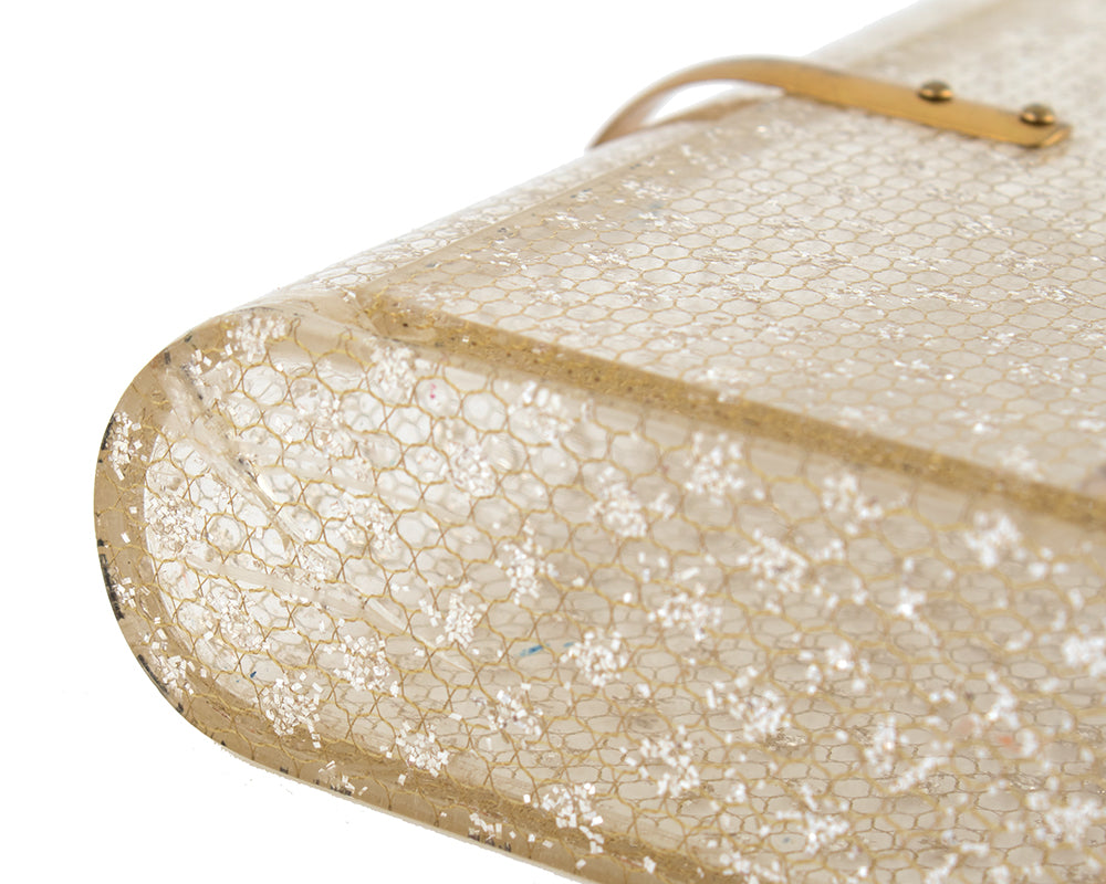 1950s Wilardy Glitter & Gold Honeycomb Clear Lucite Clutch