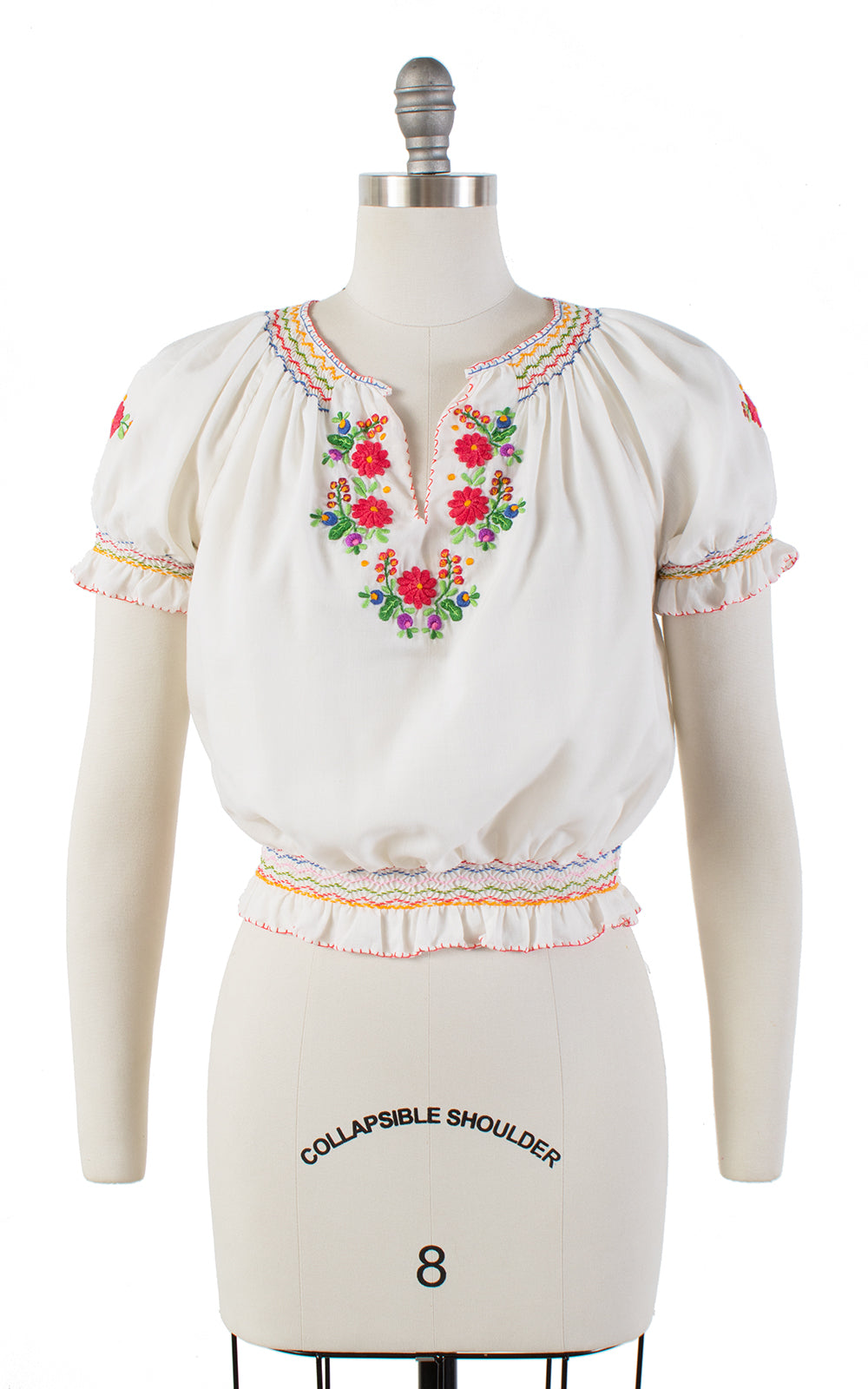 1970s Floral Embroidered Cropped Peasant Top