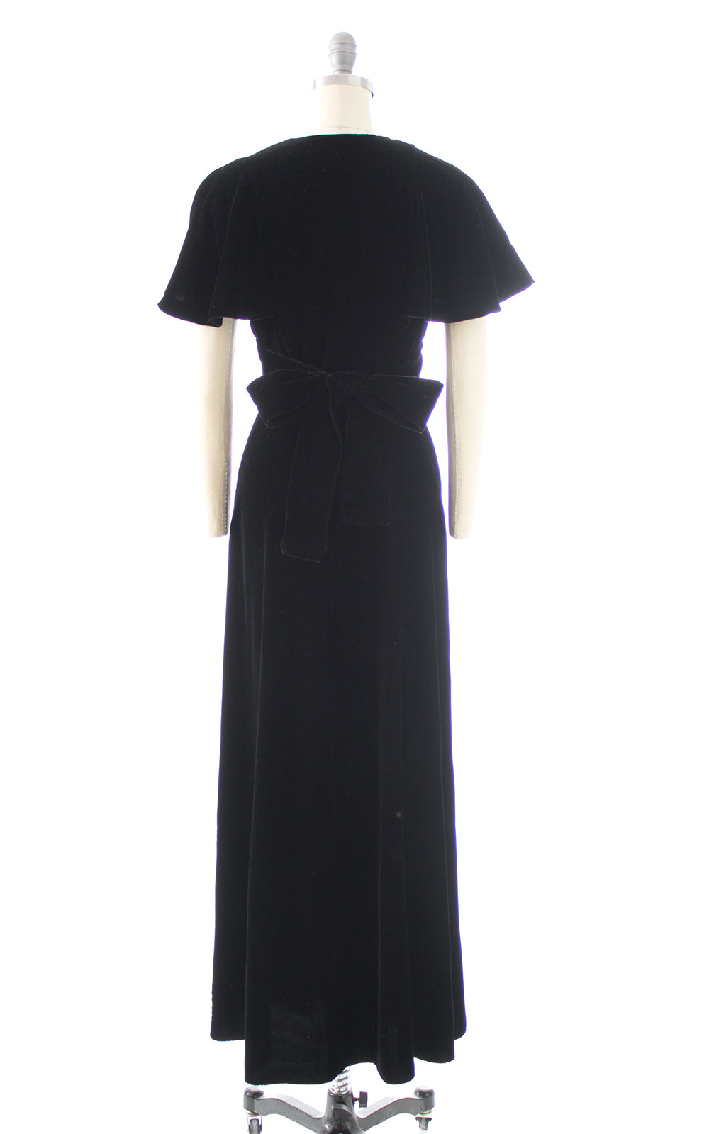 1970s does 1930s Black Velvet Flutter Sleeve Maxi Dress