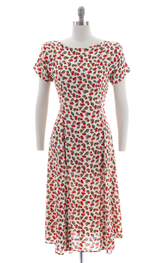 1990s Cherry Print Rayon Crepe Lace-Up Midi Dress