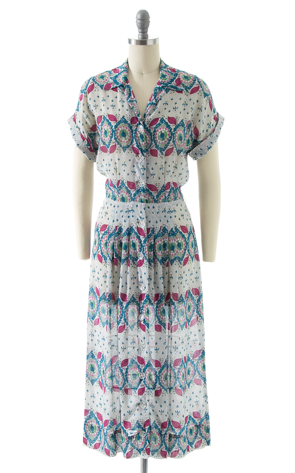 1940s Floral Striped Sheer Rayon Shirtwaist Dress