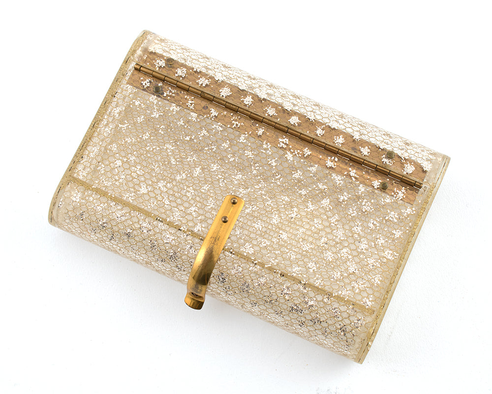 1950s Wilardy Glitter & Gold Honeycomb Clear Lucite Clutch