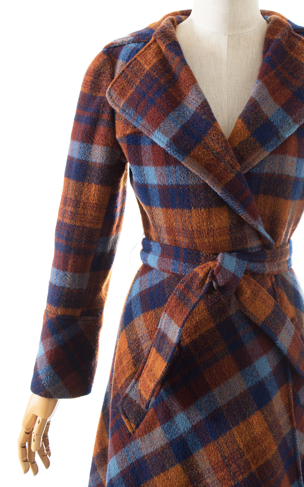 1970s Hooded Plaid Wool Wrap Coat