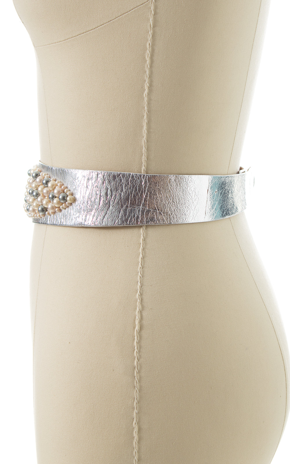 1950s Beaded Silver Leather Cinch Belt