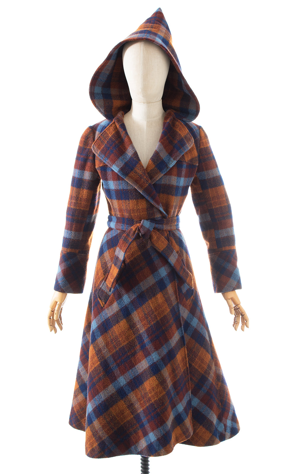 1970s Hooded Plaid Wool Wrap Coat