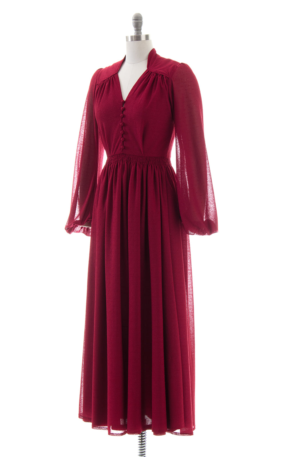 1970s Merlot Bishop Sleeve Maxi Dress