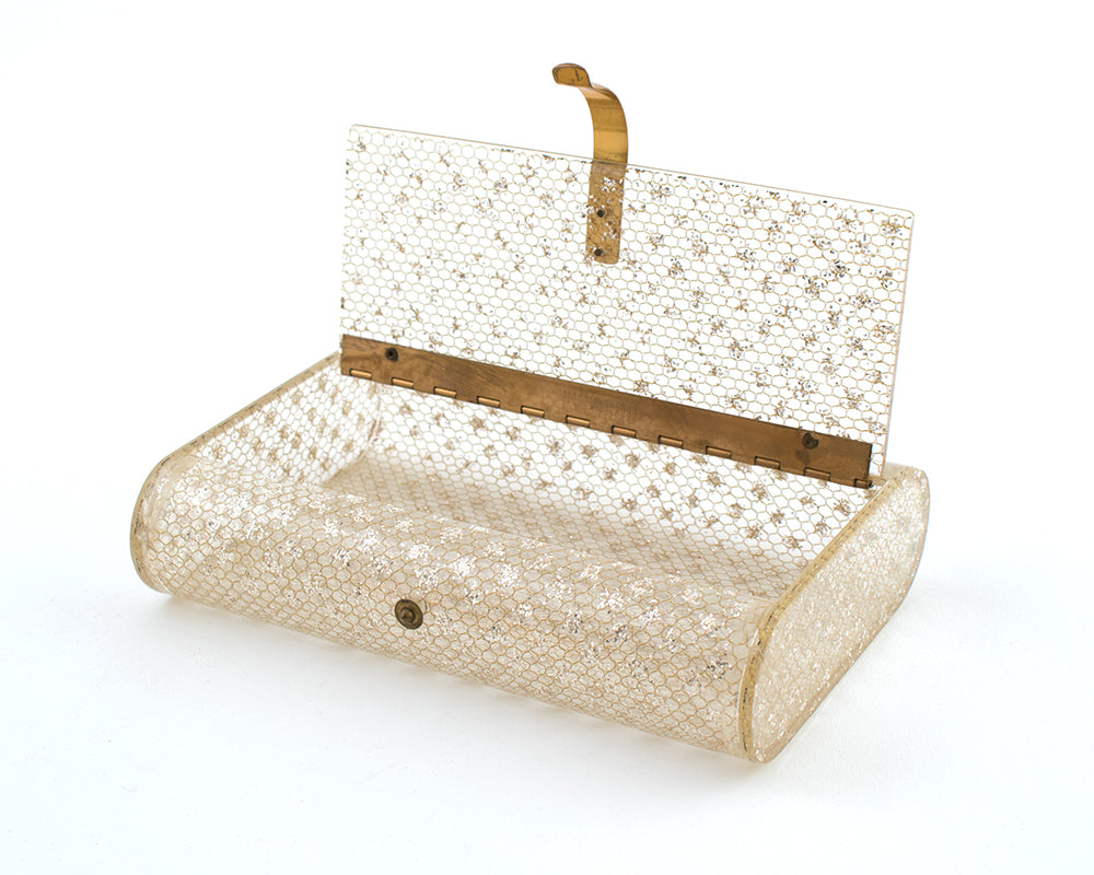 1950s Wilardy Glitter & Gold Honeycomb Clear Lucite Clutch