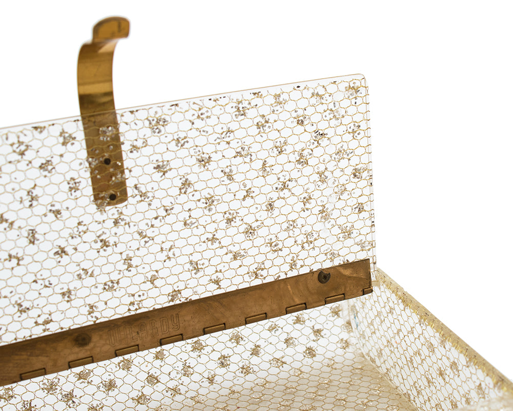 1950s Wilardy Glitter & Gold Honeycomb Clear Lucite Clutch