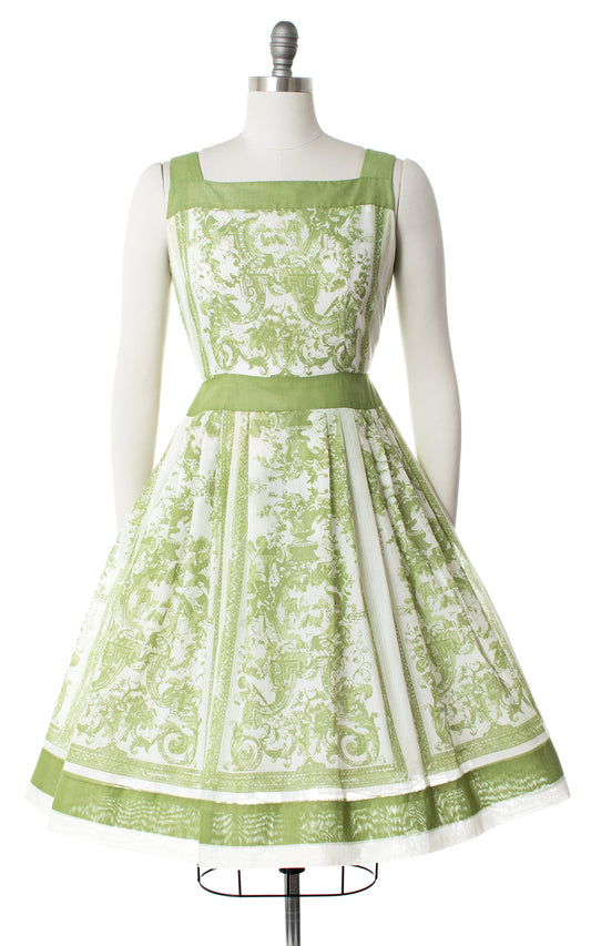 1950s Green Toile Novelty Print Sundress