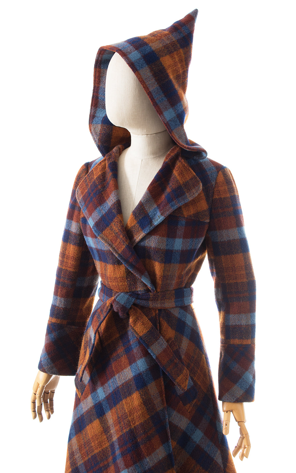 1970s Hooded Plaid Wool Wrap Coat