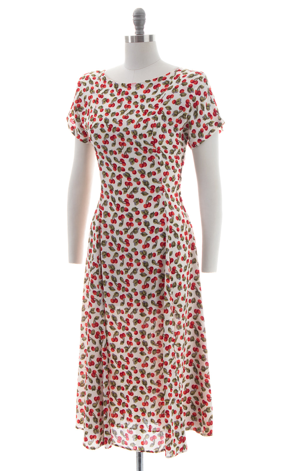 1990s Cherry Print Rayon Crepe Lace-Up Midi Dress