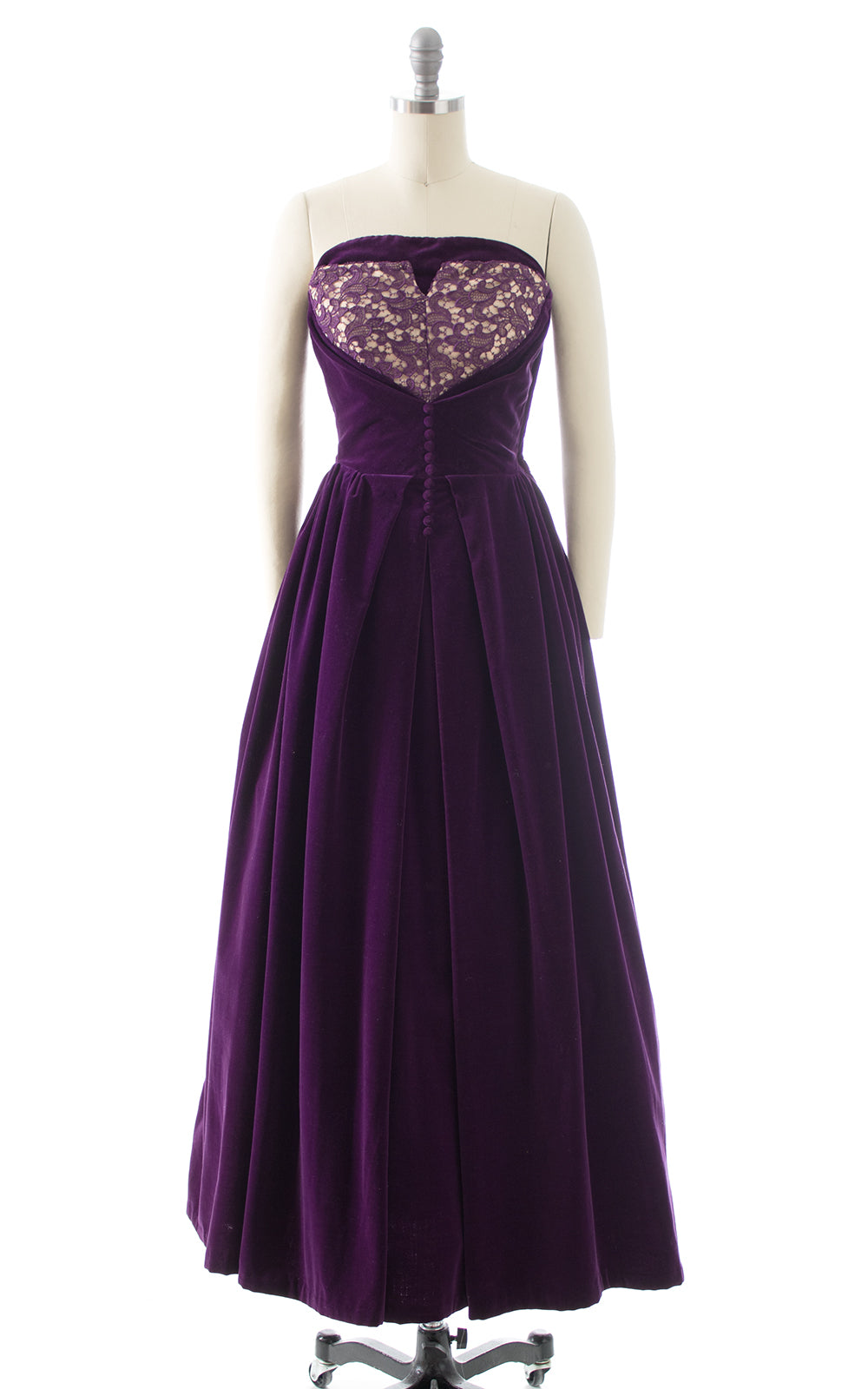 1950s Purple Velvet & Lace Strapless Gown