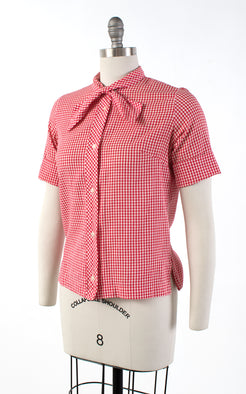 1960s Tie Neck Red Gingham Blouse | small/medium main image 0