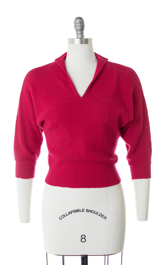 1950s Raspberry Pink Knit Wool Cropped Sweater | xs/small/medium