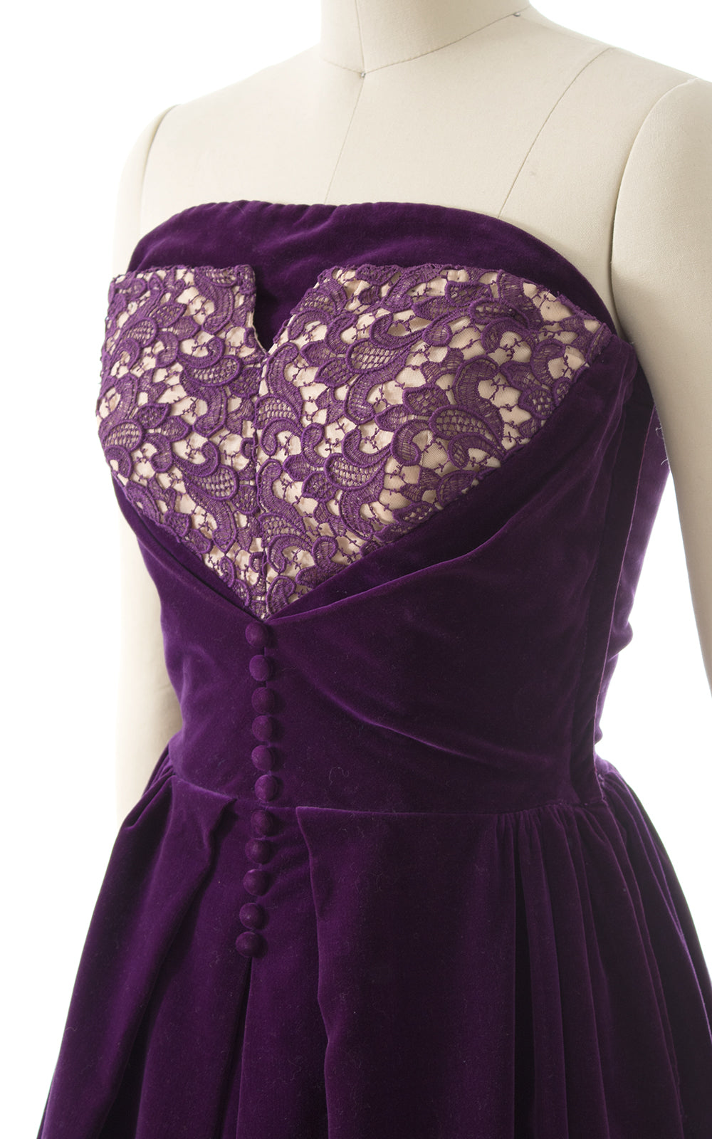 1950s Purple Velvet & Lace Strapless Gown