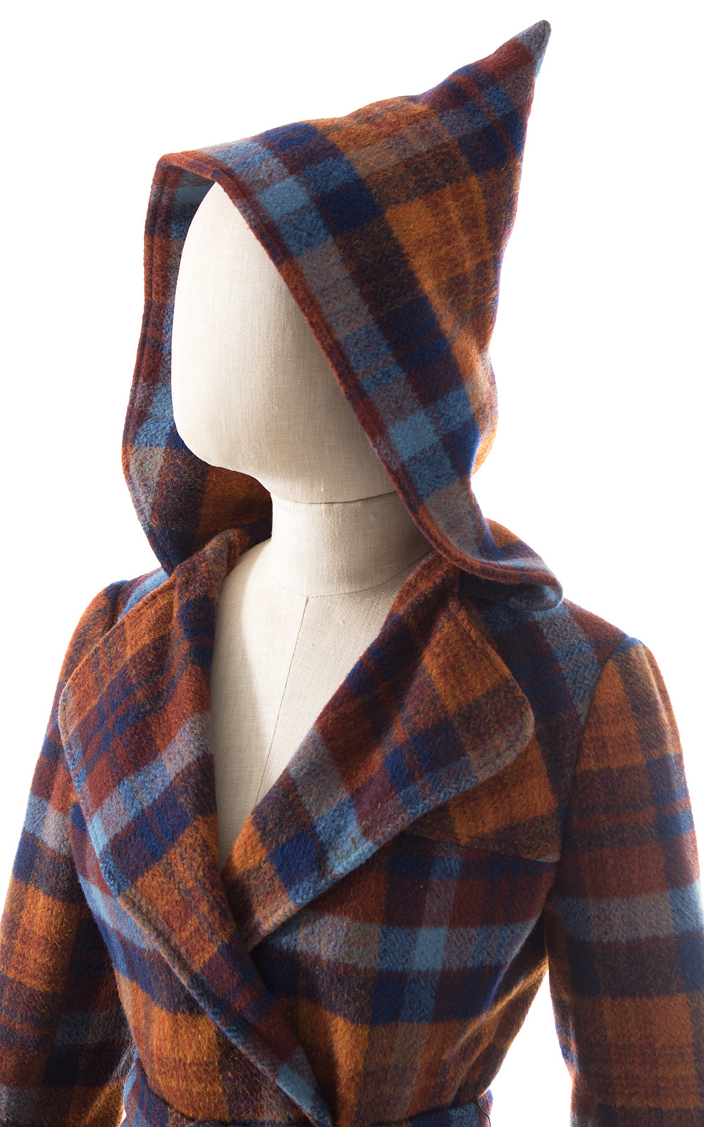 1970s Hooded Plaid Wool Wrap Coat