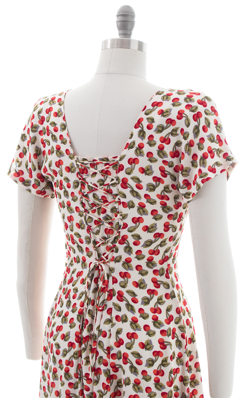 1990s Cherry Print Rayon Crepe Lace-Up Midi Dress