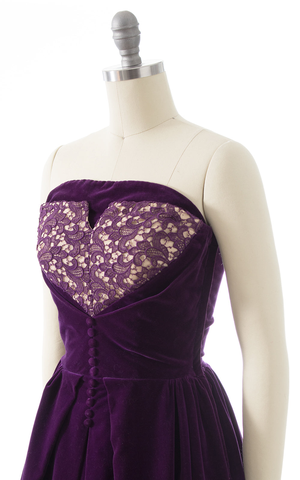 1950s Purple Velvet & Lace Strapless Gown