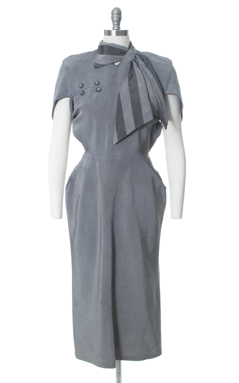 1940s Grey Striped Architectural Blade Runner Secretary Dress
