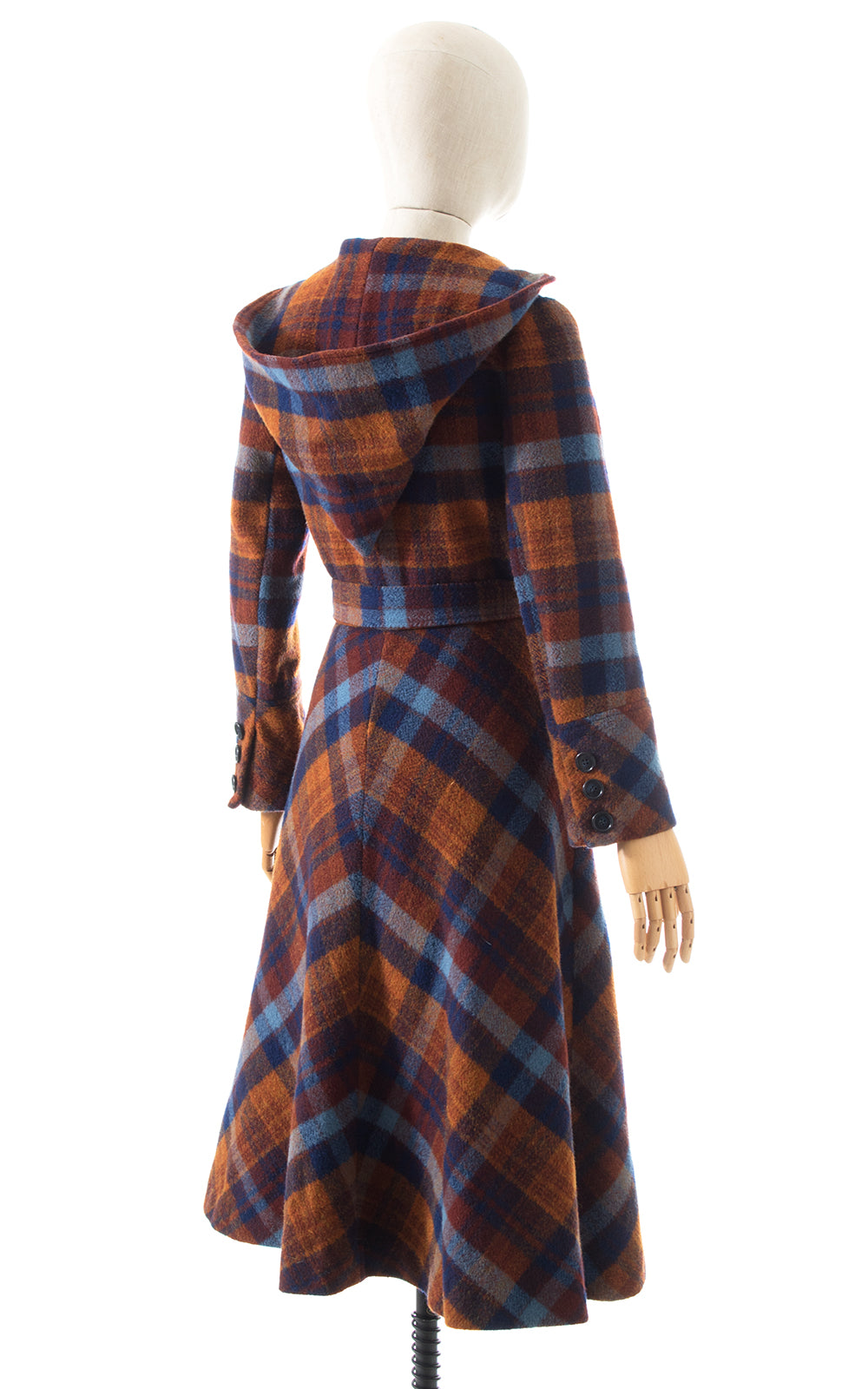 1970s Hooded Plaid Wool Wrap Coat