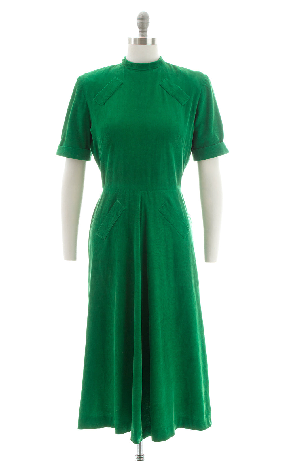 1940s Kelly Green Corduroy Button Back Dress