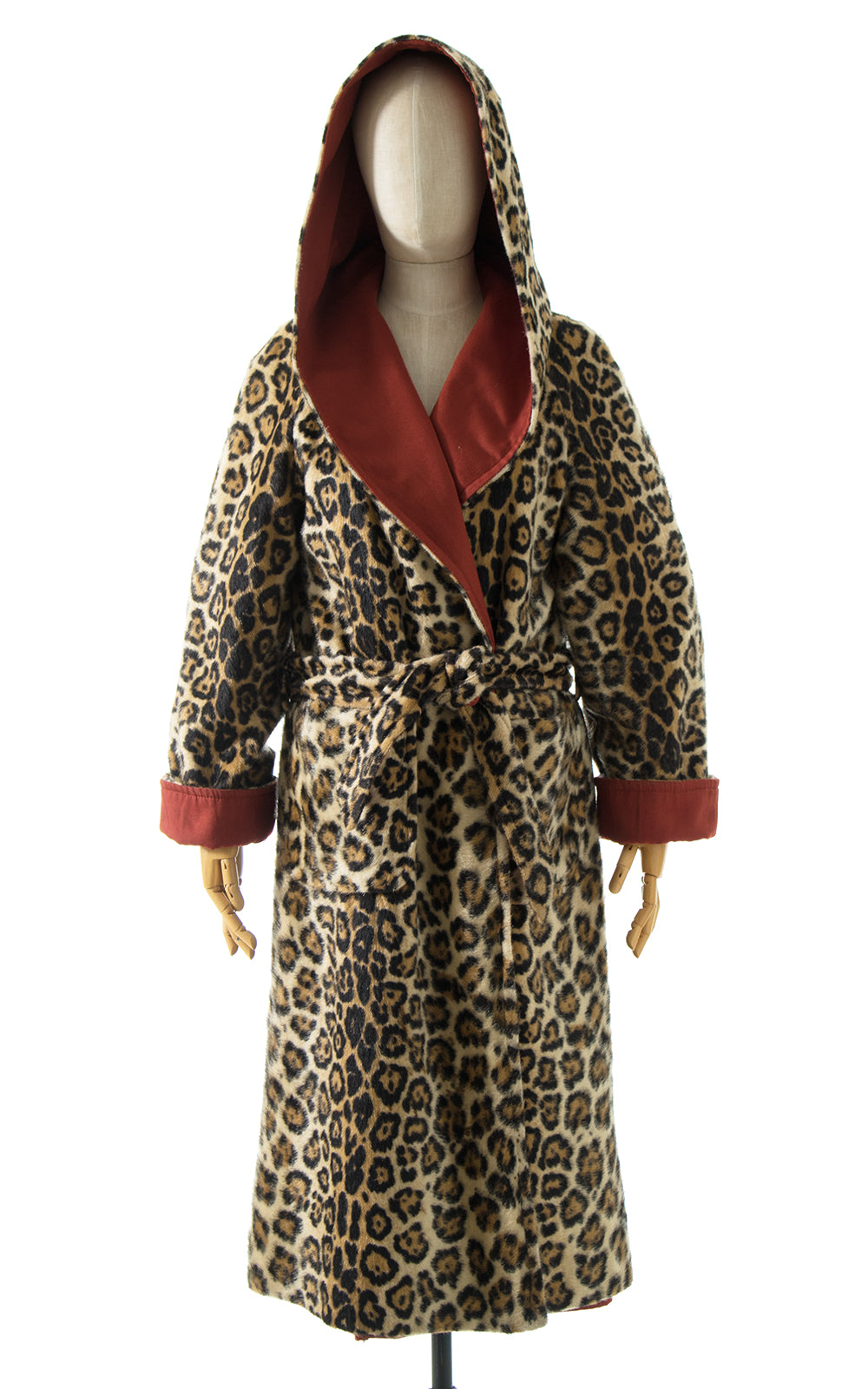 1970s Reversible Leopard Print Faux Fur Hooded Wrap Coat