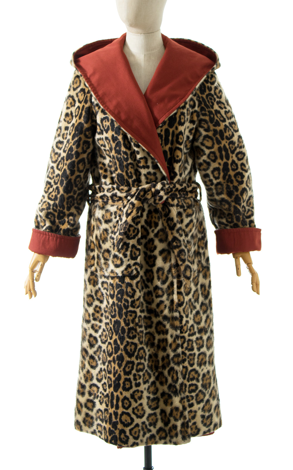 1970s Reversible Leopard Print Faux Fur Hooded Wrap Coat