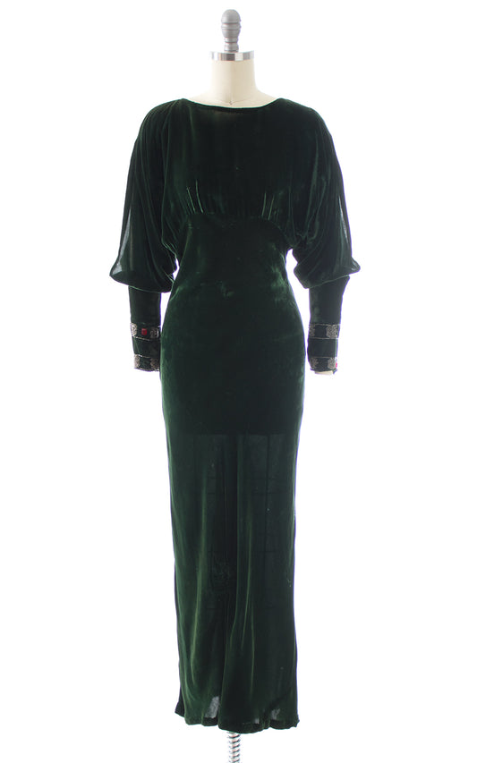 1930s Forest Green Bias Cut Velvet with Beaded Slit Sleeves Gown