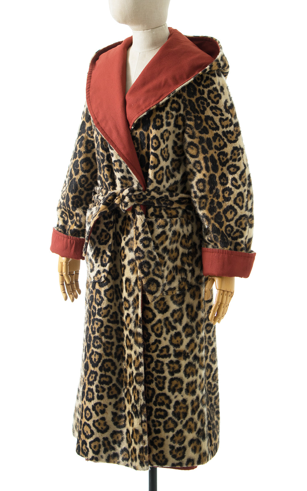 1970s Reversible Leopard Print Faux Fur Hooded Wrap Coat