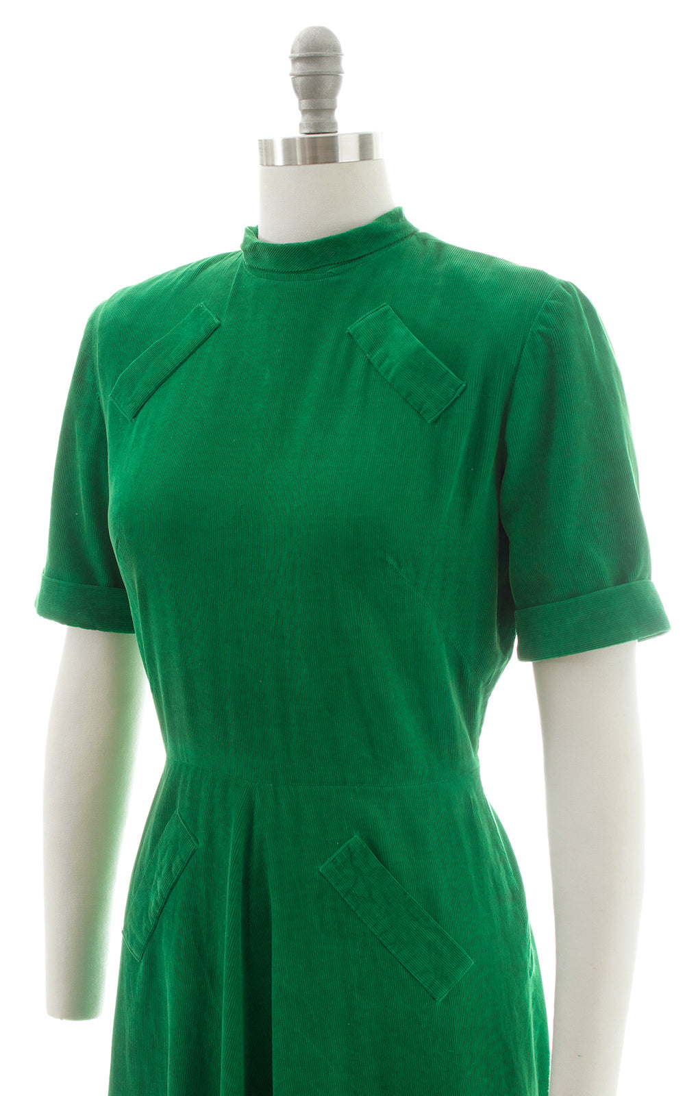 1940s Kelly Green Corduroy Button Back Dress