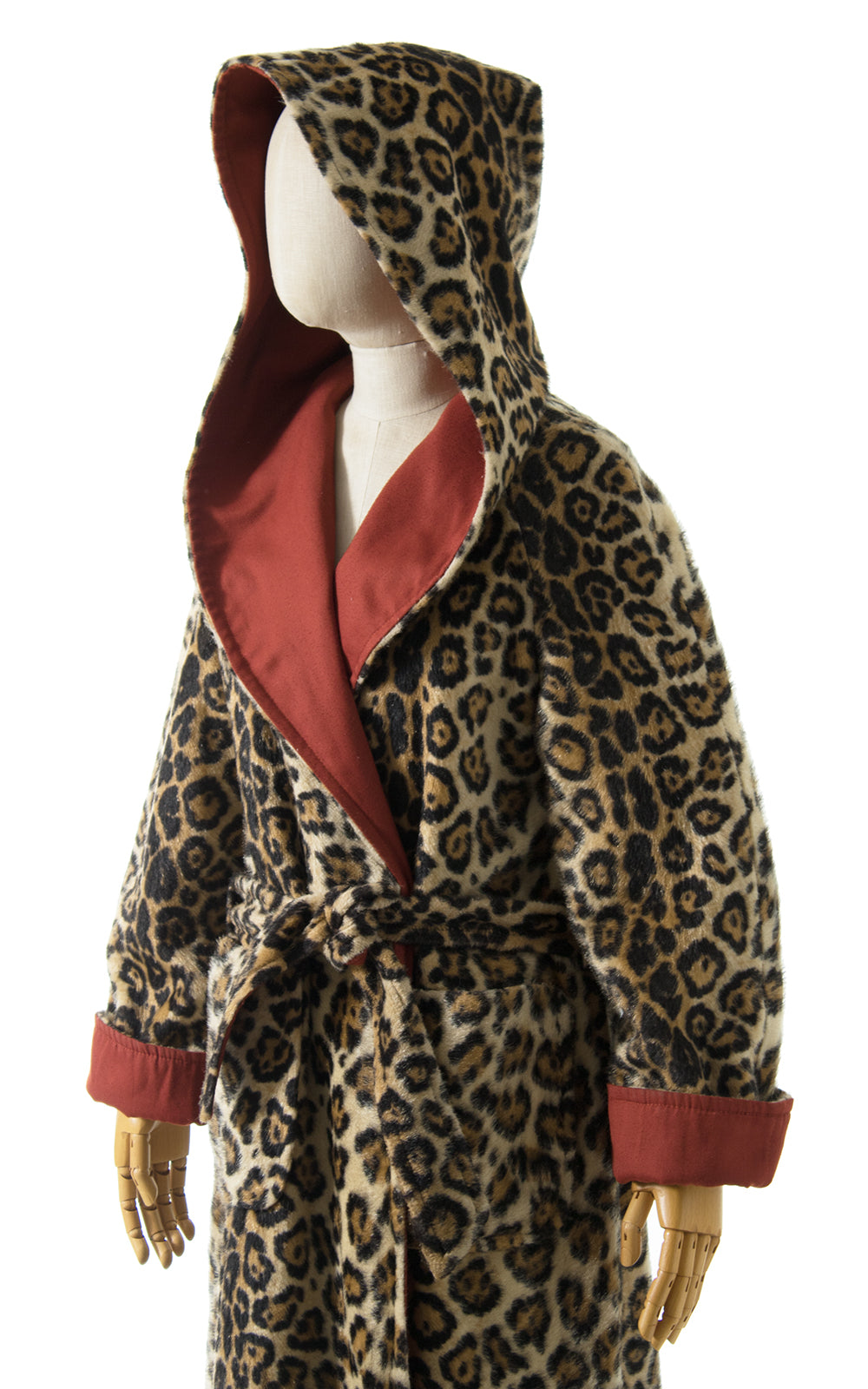 1970s Reversible Leopard Print Faux Fur Hooded Wrap Coat