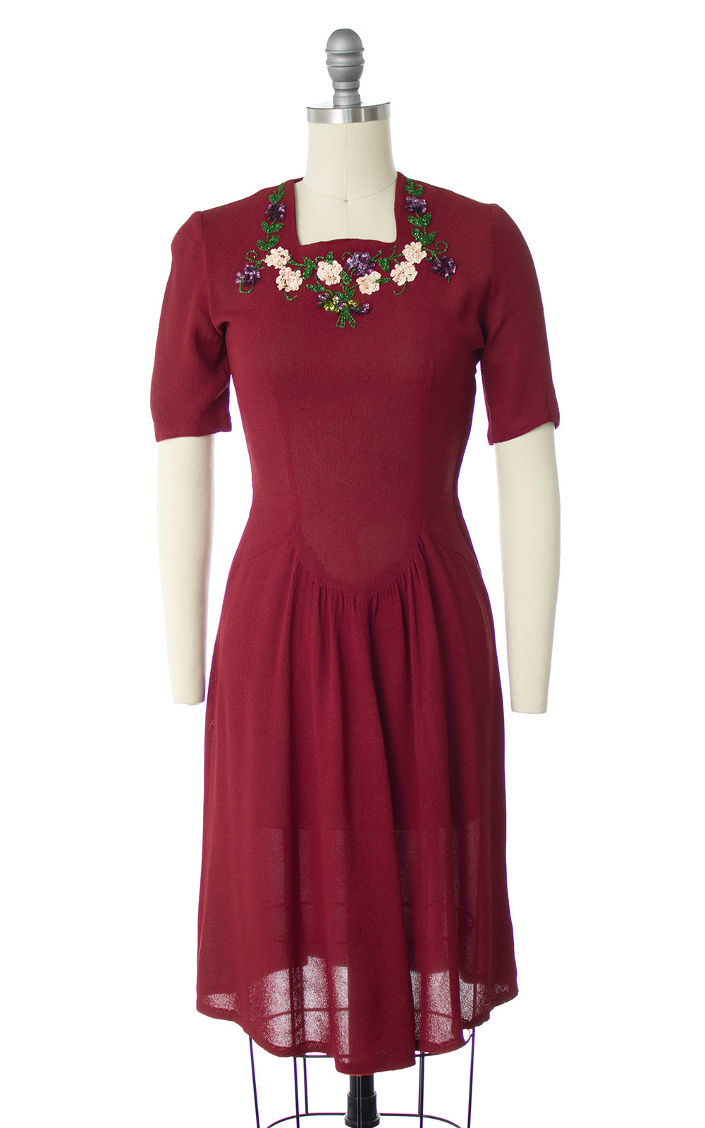 1940s Floral Sequin Rayon Crepe Dress