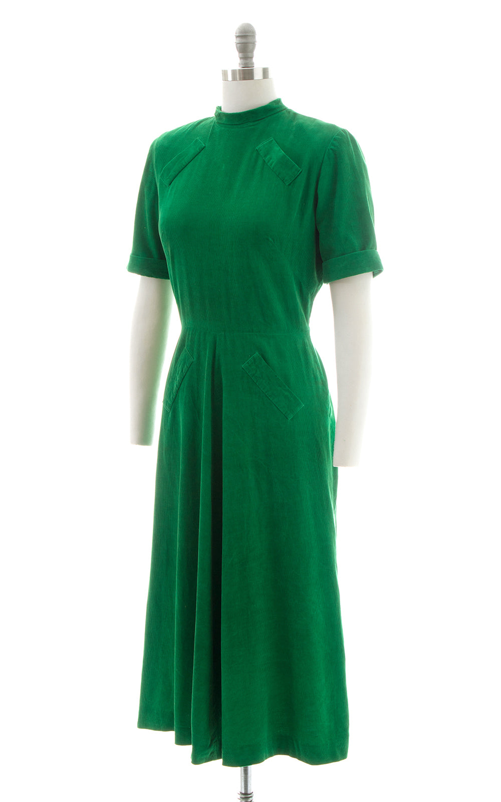 1940s Kelly Green Corduroy Button Back Dress