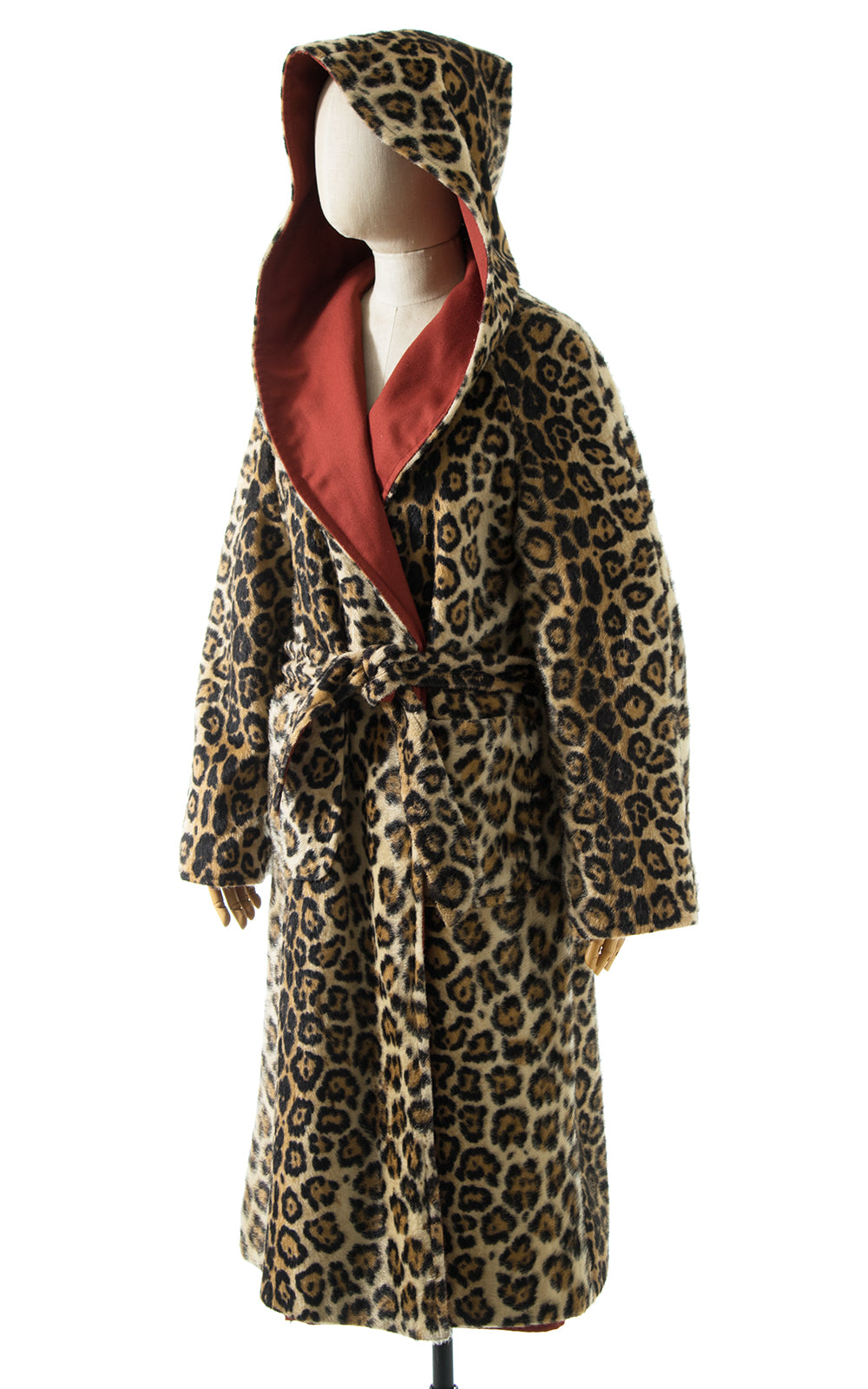 1970s Reversible Leopard Print Faux Fur Hooded Wrap Coat