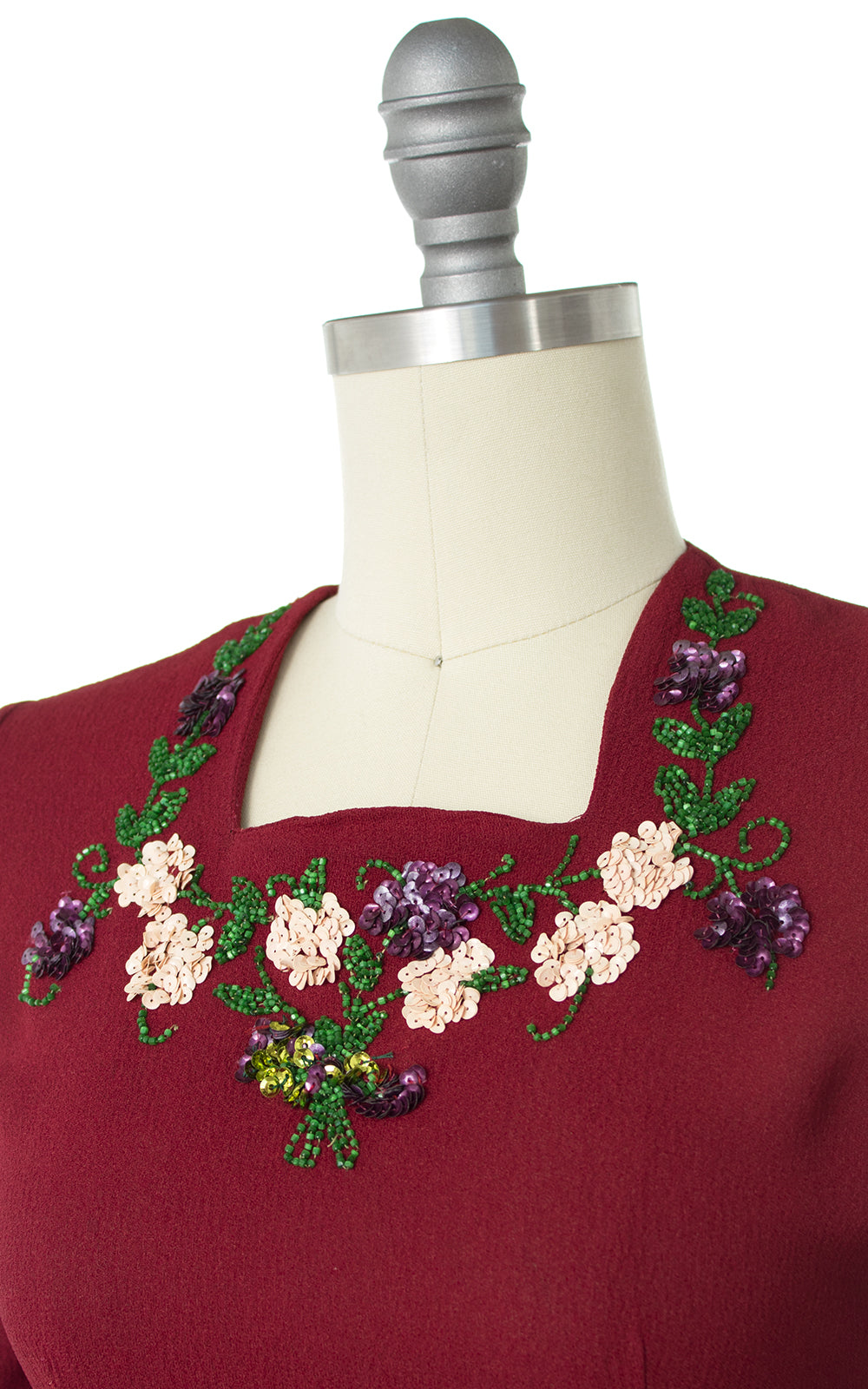 1940s Floral Sequin Rayon Crepe Dress
