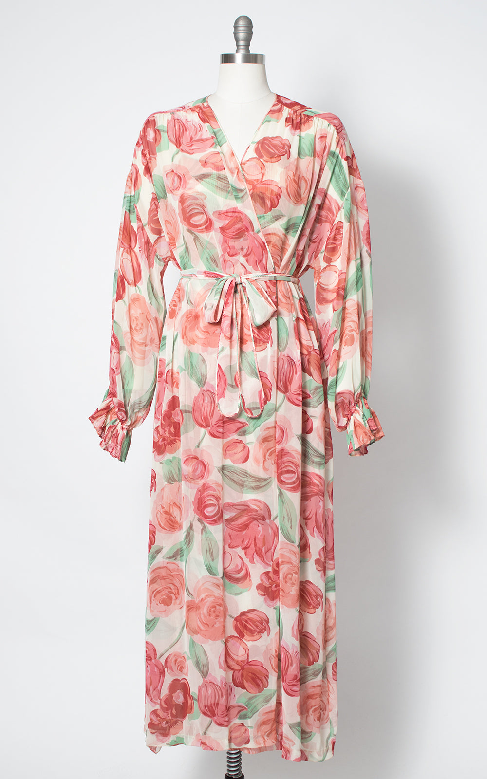 1980s Floral Silk Chiffon Nightgown & Robe Set