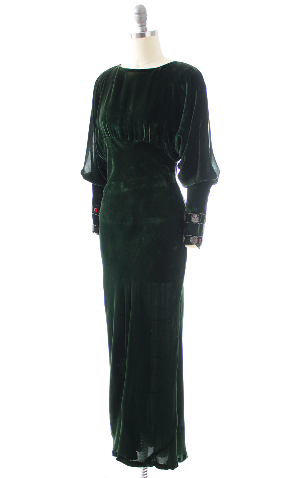 1930s Forest Green Bias Cut Velvet with Beaded Slit Sleeves Gown