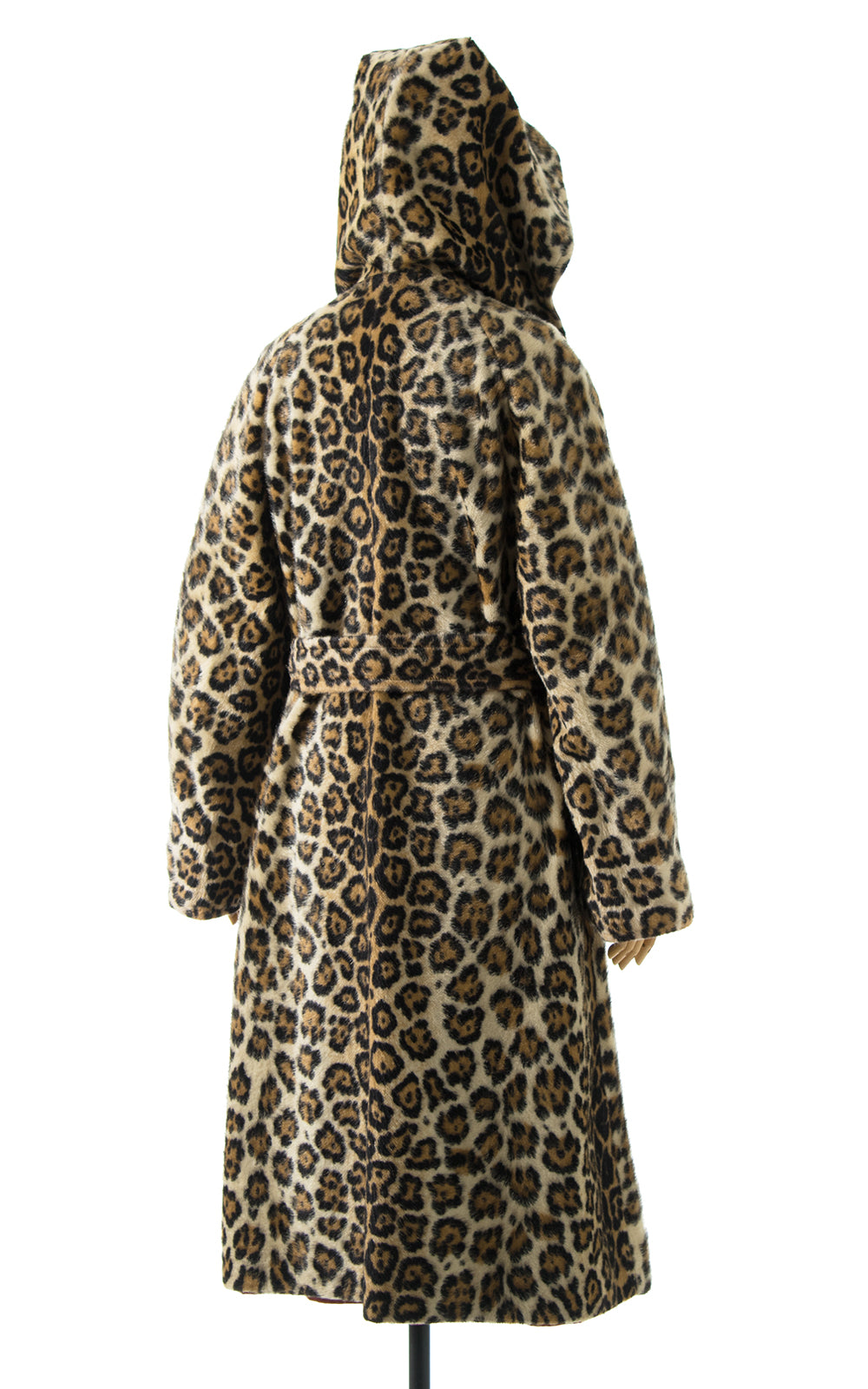 1970s Reversible Leopard Print Faux Fur Hooded Wrap Coat