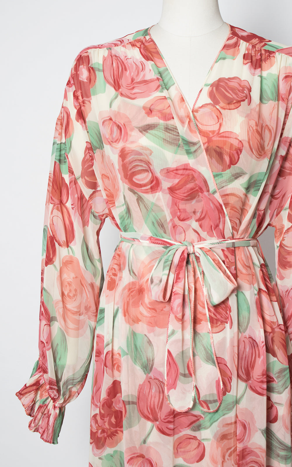 1980s Floral Silk Chiffon Nightgown & Robe Set