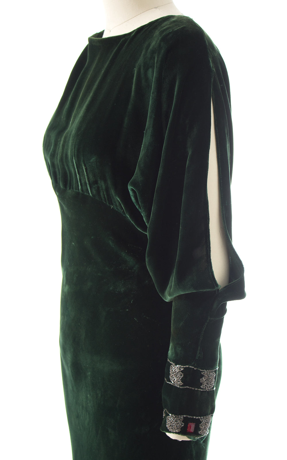 1930s Forest Green Bias Cut Velvet with Beaded Slit Sleeves Gown