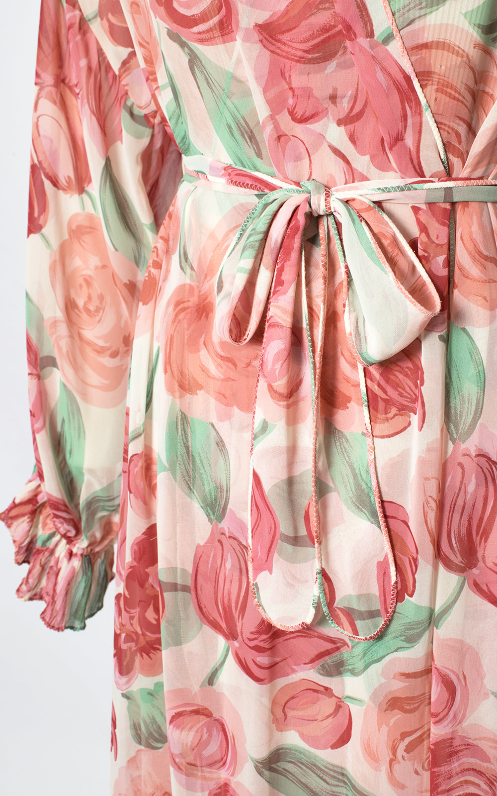 1980s Floral Silk Chiffon Nightgown & Robe Set