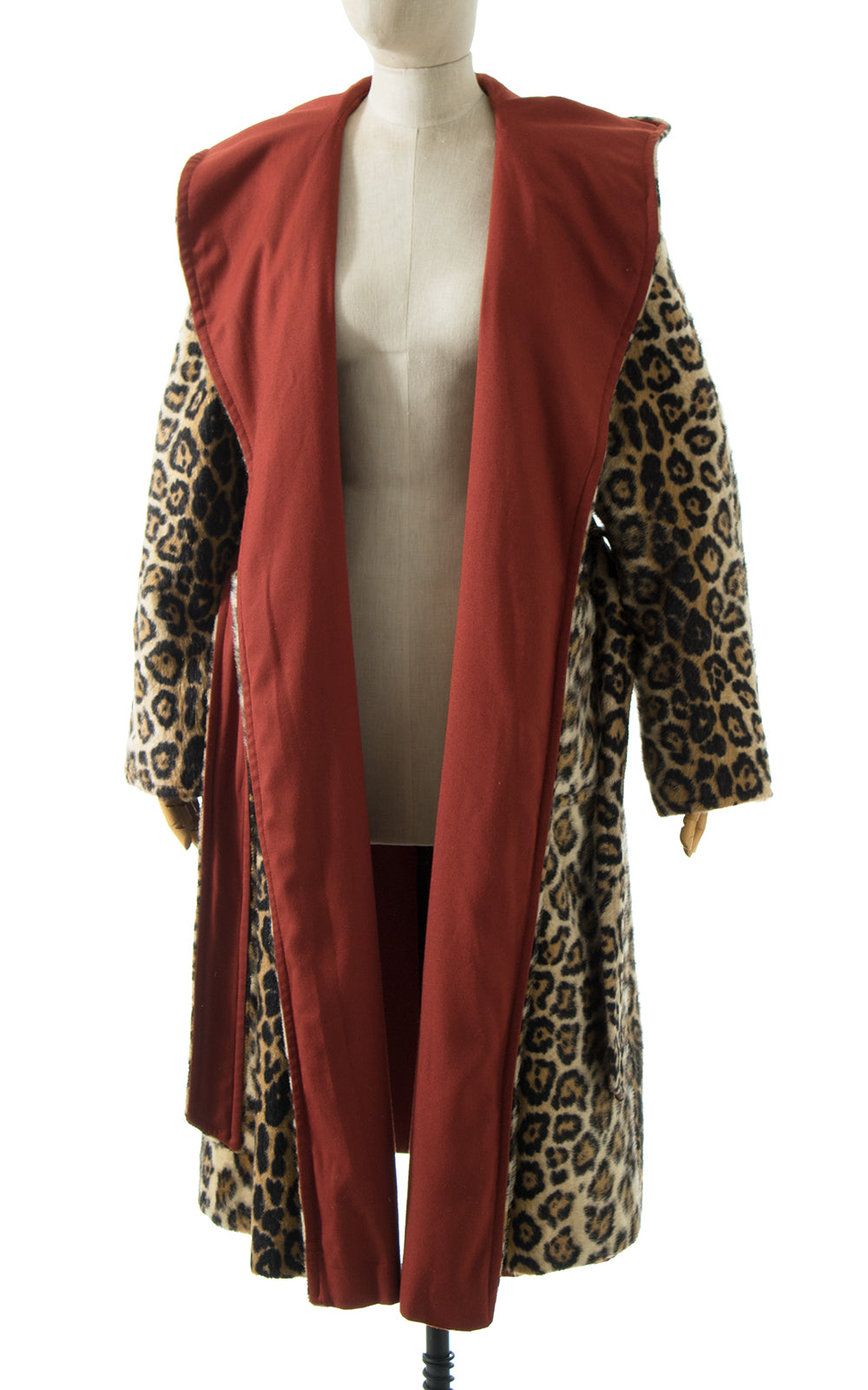 1970s Reversible Leopard Print Faux Fur Hooded Wrap Coat