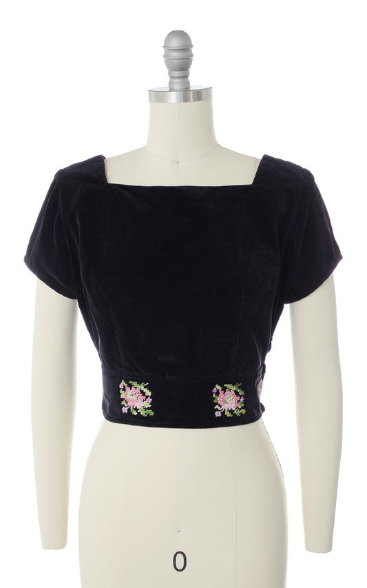 1950s Floral Embroidered Velvet Crop Top